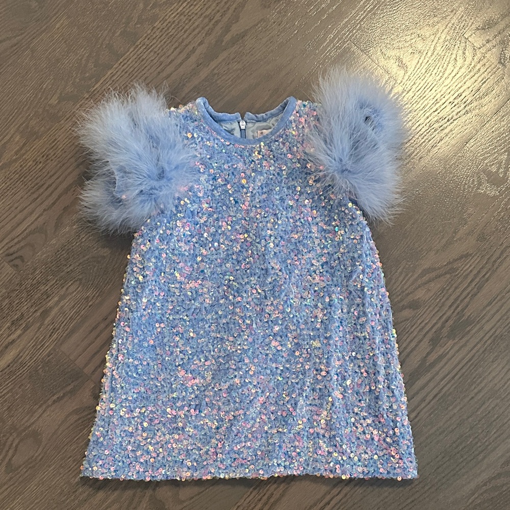 Halabaloo toddler Blue Sequin Dress with Feather Sleeves